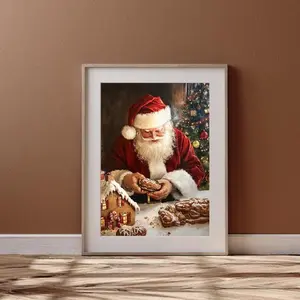 Christmas Gingerbread House and Santa Art Print, Vintage Cozy Christmas Wall Art Print, Printable Kitchen Home Decor