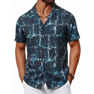 Mens Hawaiian Shirt Short Sleeve Linen Button Down Shirt Tropical Vacation Beach Shirt