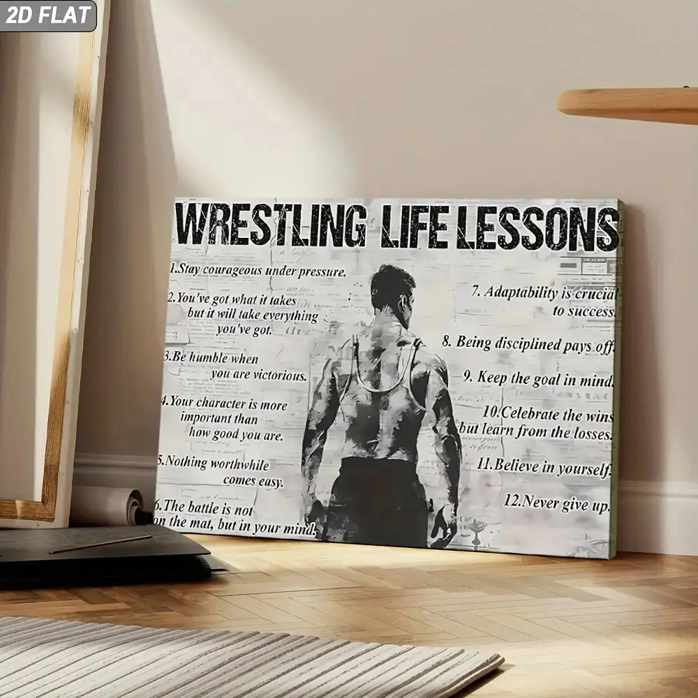 2D Flat, Wrestling Life Inspiration Framed Canvas Poster - Modern Wrestling-Themed Motivational Wall Art with Wrestling Quotes & Wrestler Silhouettes, Black & White Wrestling Decor for Home Gym, Office, Bedroom - Indoor/Outdoor Use, Wrapped