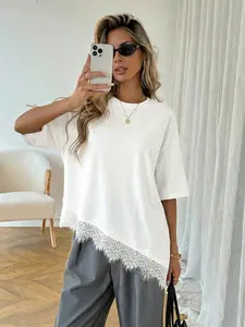 Women's Spring Summer 2026 Casual Short Top, Solid Color Asymmetrical Lace Hem Design for Daily Wear & Vacation