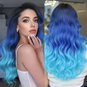 28" Long Body Wavy Gradient Blue Gorgeous Wigs With Curtain Bangs Dark Roots, Natural Heat Resistant Fiber Synthetic Long Body Light Blue Wig For Women Daily Party Use, Halloween Music Festivals&Cosplay- Beginners Glueless Wig