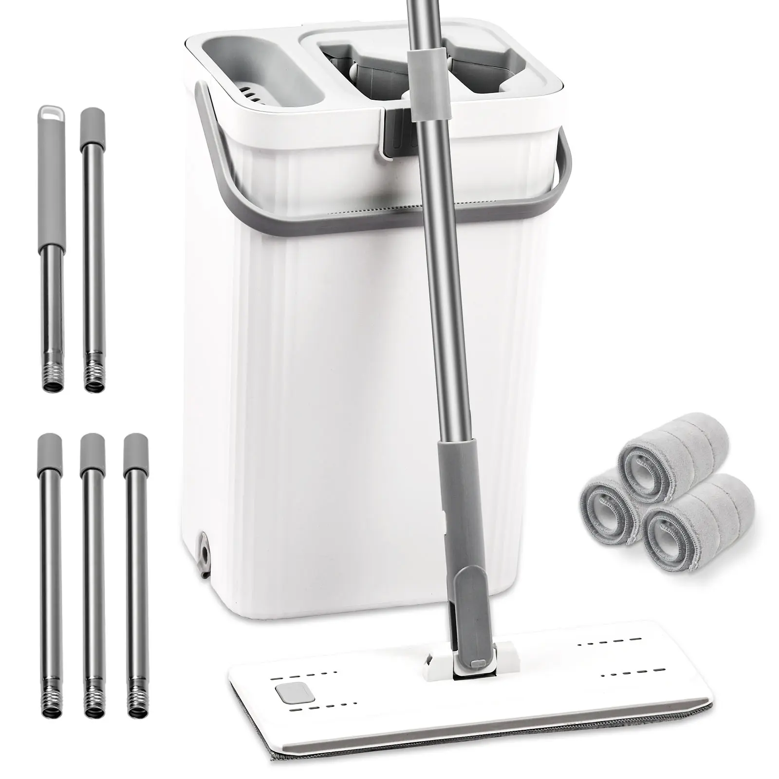 Flat Spin Mop and Bucket Systemt，Squeeze Mop Buket Set with 3 Reusable Microfiber Pads and Long Handle for Wet and Dry Use Home Floor Cleaning