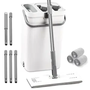 Flat Spin Mop and Bucket Systemt，Squeeze Mop Buket Set with 3 Reusable Microfiber Pads and Long Handle for Wet and Dry Use Home Floor Cleaning