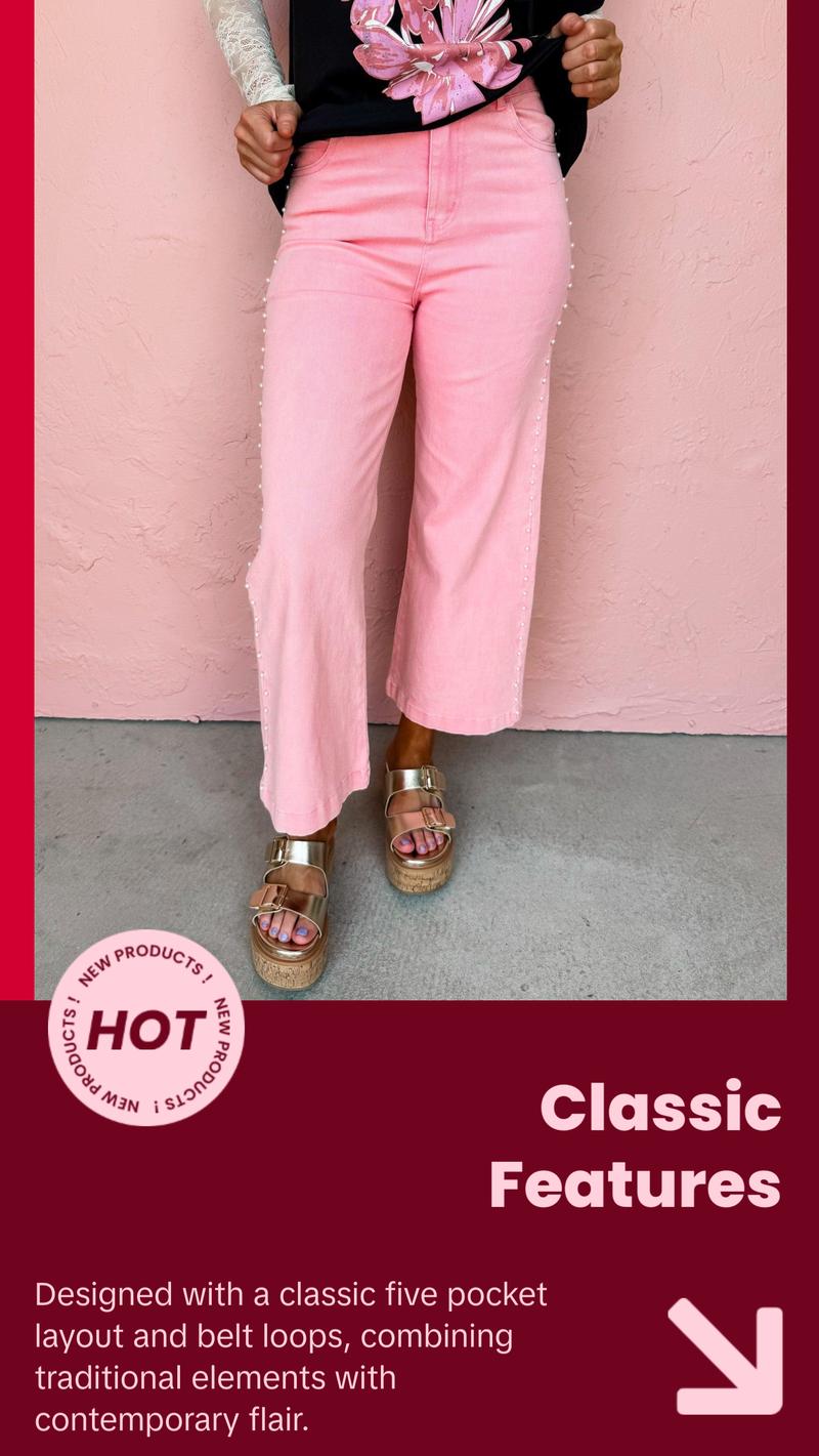 Visiting Italy Pearl Embellished Wide Leg Jeans-Pink Visiting Italy Pearl Embellished Wide Leg Jeans-Pink