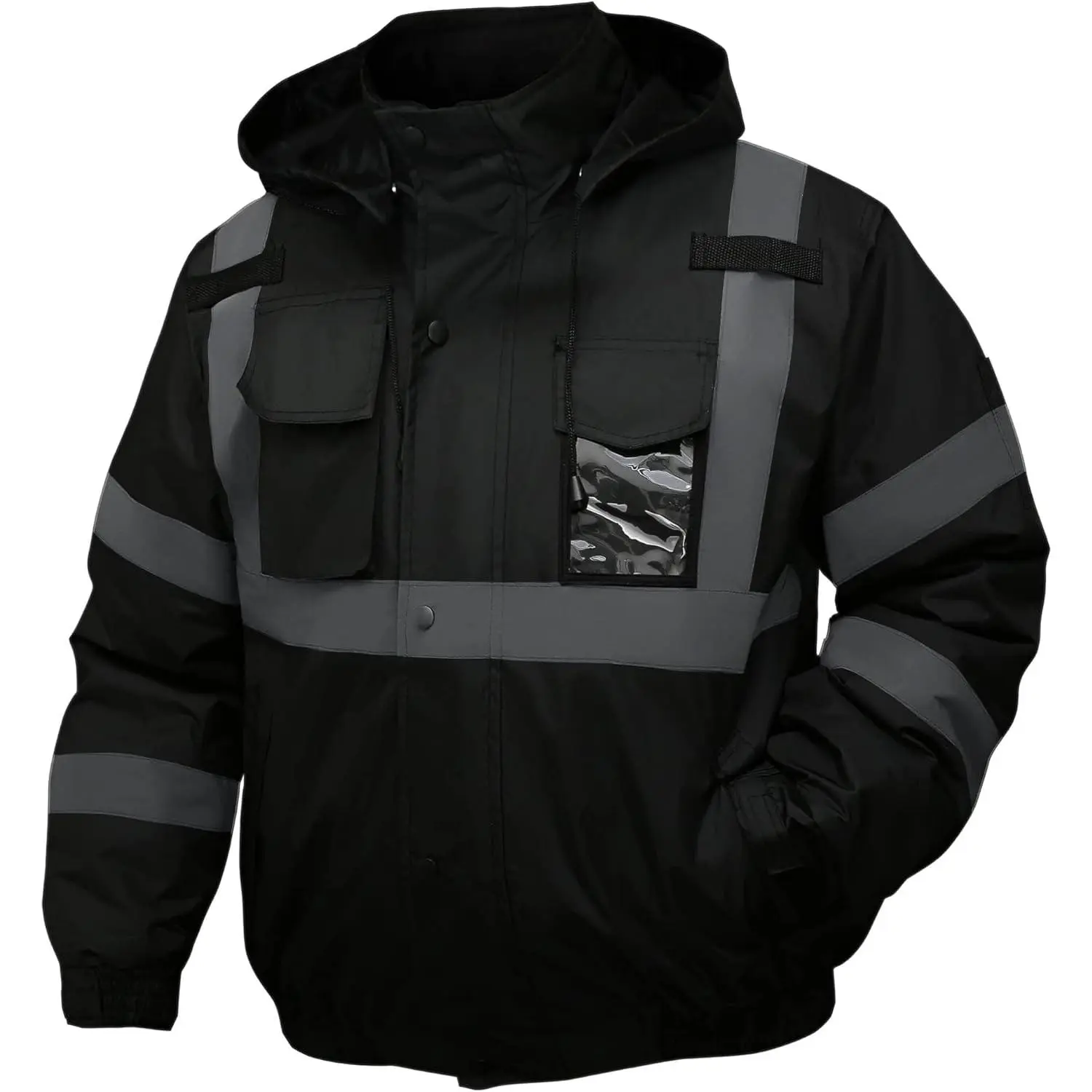 Safety Jacket for Men, Reflective High Visibility Hooded Hi-Vis Bomber Jacket with Pockets and Zipper, Waterproof, ANSI/ISEA 107-2020 Type R Class 3, Black