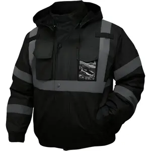 Safety Jacket for Men, Reflective High Visibility Hooded Hi-Vis Bomber Jacket with Pockets and Zipper, Waterproof, ANSI/ISEA 107-2020 Type R Class 3, Black