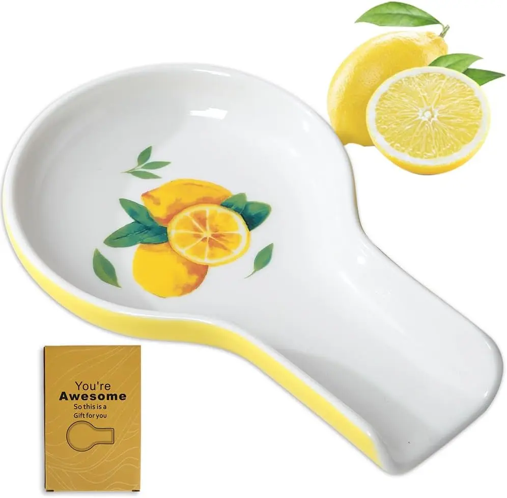 Spoon Rest for Stove Top Kitchen Decor Ceramic Spoon Holder (Lemon) | Long Handle Spoon Rest, Lemon Kitchen Decor, Gift Box Ready, Eco-friedenly