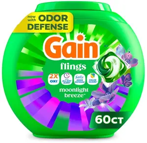Gain Flings Liquid Washing Detergent Pacs with Odor Defense + Color Guard, Moonlight Breeze Scent, 4-In-1 Liquid Laundry Detergent Pods, Clean & Fresh, 60 Count (Packaging May Vary)