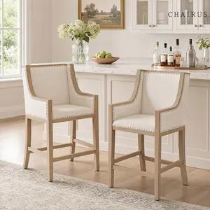 CHAIRUS 2 pack 26.5" Farmhouse Linen Barstools with Armrest Upholstered Wood Counter Height Bar Stools for Kitchen Island Dining Room Living Room Home Decor