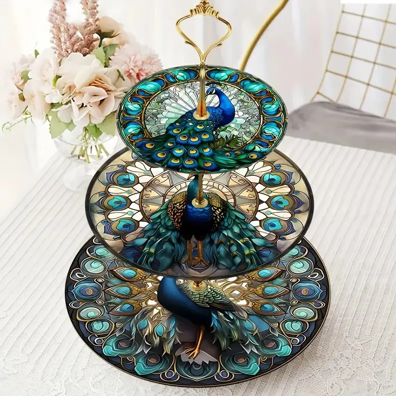 Elegant Three-Tier Wooden Storage Tray with Peacock Pattern, Aesthetic, Decorative, Ideal for Year-Round Use, Perfect Decor for Weddings, Birthdays, Thanksgiving, Valentine's Day