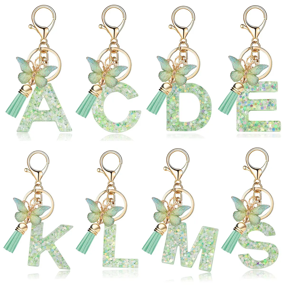A-Z Green Color GlitterInitial Letter KeyChain Resin Butterfly Tassel Lobster Metal Key Ring Jewelry Fashion Backpack Pendant ﻿