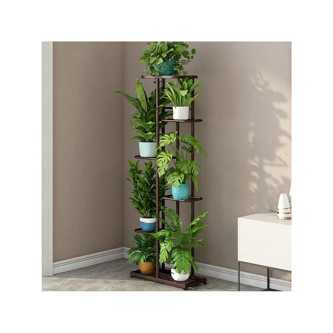 Bronze- Plant Stand Indoor Outdoor, 6 Tier 7 Potted Metal Flower Shelf, Plant Shelf Corner Display Rack For Patio Garden Balcony Living Room Dark Gray With Silver
