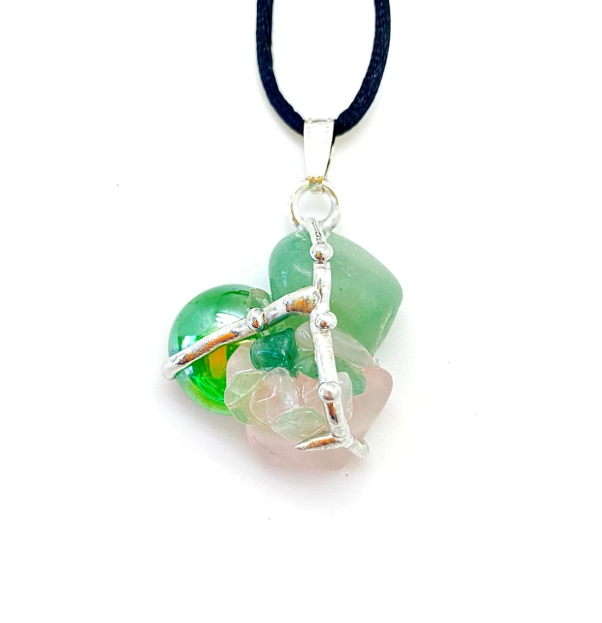 Heart Chakra Amulet (Infinite Love) Pendant with Black Satin Cord, Rose Quartz, Green Aventurine, Aura Quartz