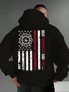 New Best Firefighter Letter Print Hoodie, Kangaroo Pocket, Drawstring Design, Casual Fitted Long Sleeve Top for Fall & Winter