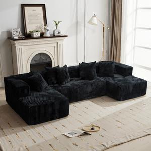 132-In U-Shaped Modular Sectional Sofa Bed, Textured Cotton & Soft Velvet Fabric, Deep-Seat Easy-Convertible Design, Modern Comfy Couch, Indoor Living Room Furniture, Sofas for Living Room, 3 Delivered Items & 4 Free Throw Pillows, Sofas Living Room