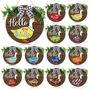 13PCS Interchangeable Goose Sign Gift Wooden Goose Decor with Magnet Detachable Seasonal Welcome Changeable Hello Geese Signs Rustic Farmhouse Front Door Round Wreaths Hanging Decorations for Party Porch Home Outdoor Wall Office