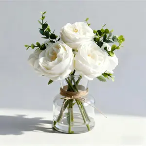Artificial White Roses in Vase, Lifelike Faux Flowers Arrangement with Artificial Water, 13×10 Fake Flowers in Vase for Dining Table Centerpiece, Home & Restaurant Decor