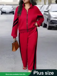 Plus Size, Fitted Two-piece Set Colorblock Zip Up Stand Collar Jacket & Side Stripe Pants Set, Casual Drop Shoulder Long Sleeve Outerwear & Trousers for Daily Outdoor Wear, Women's Outfits for Fall & Winter, Going Out Outfits, Cozy Lounge Set