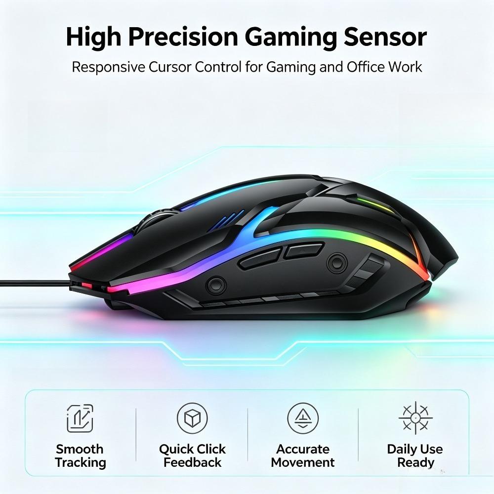 Wired Ergonomic E-Sports Gaming Mouse - USB Plug-and-Play, Rainbow Lights, Anti-Slip Grip Roller, Gaming PC Accessories, Gamer Stuff, PC Accessories for Laptop & Indoor Gaming Recreation