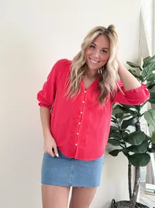 Liverpool Geranium 3/4 Sleeve Embroidered Top