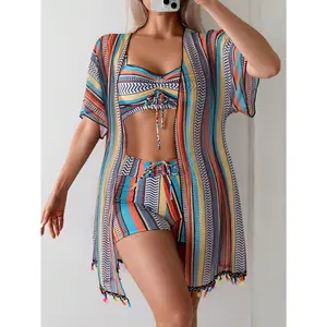 3-Piece Women's Striped Bandeau Bikini Set Swimsuit With Cover Up
