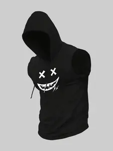 Men's Evil Smile Graphic Print Hooded Vest, Comfortable Fashion Design, Ideal for Casual Travel and Fitness, Stylish Outdoor Apparel