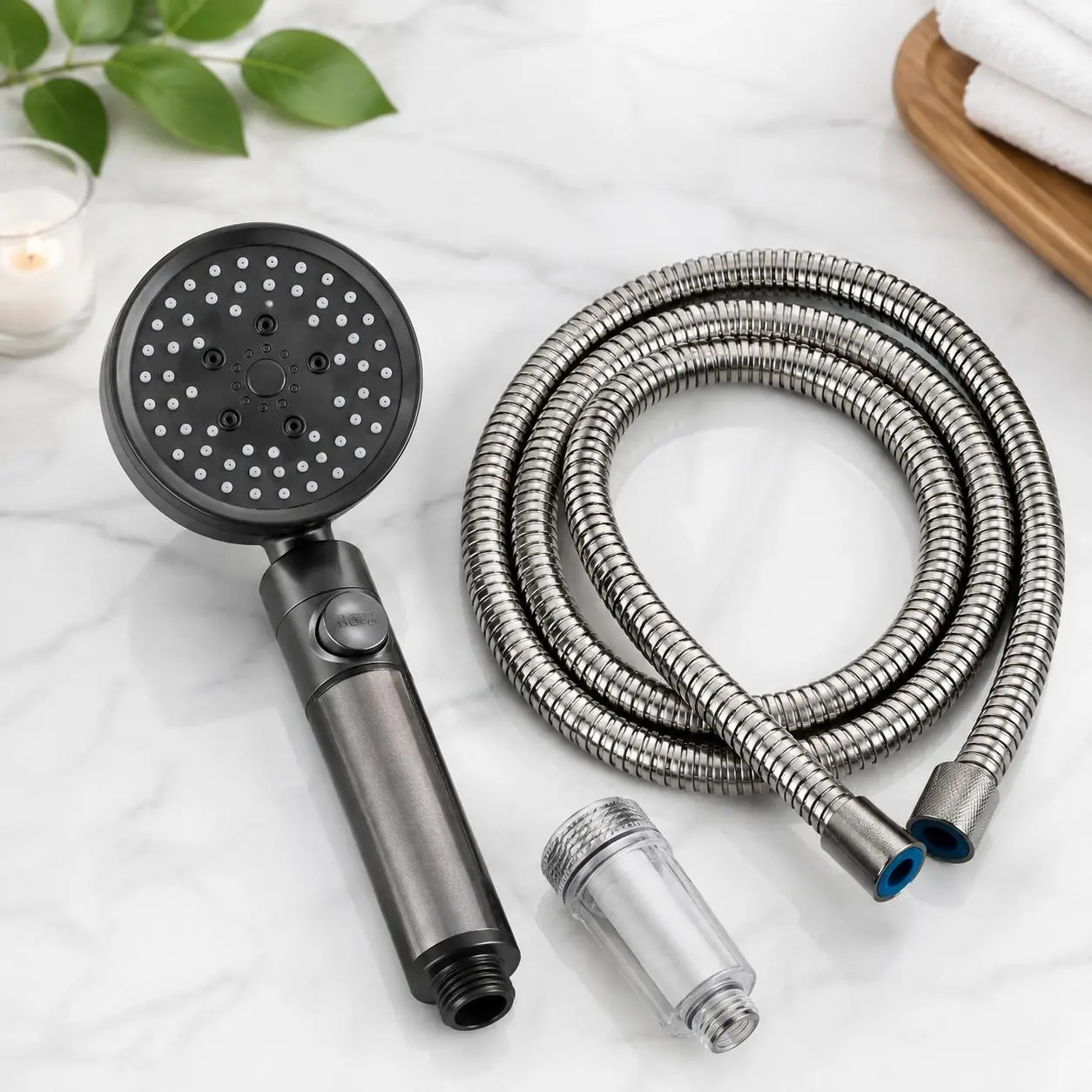 High Pressure Handheld Shower Head with Hose and Filter, Multi-Mode Shower Sprayer with One-Touch Stop Button, Detachable Bathroom Shower Head Set
