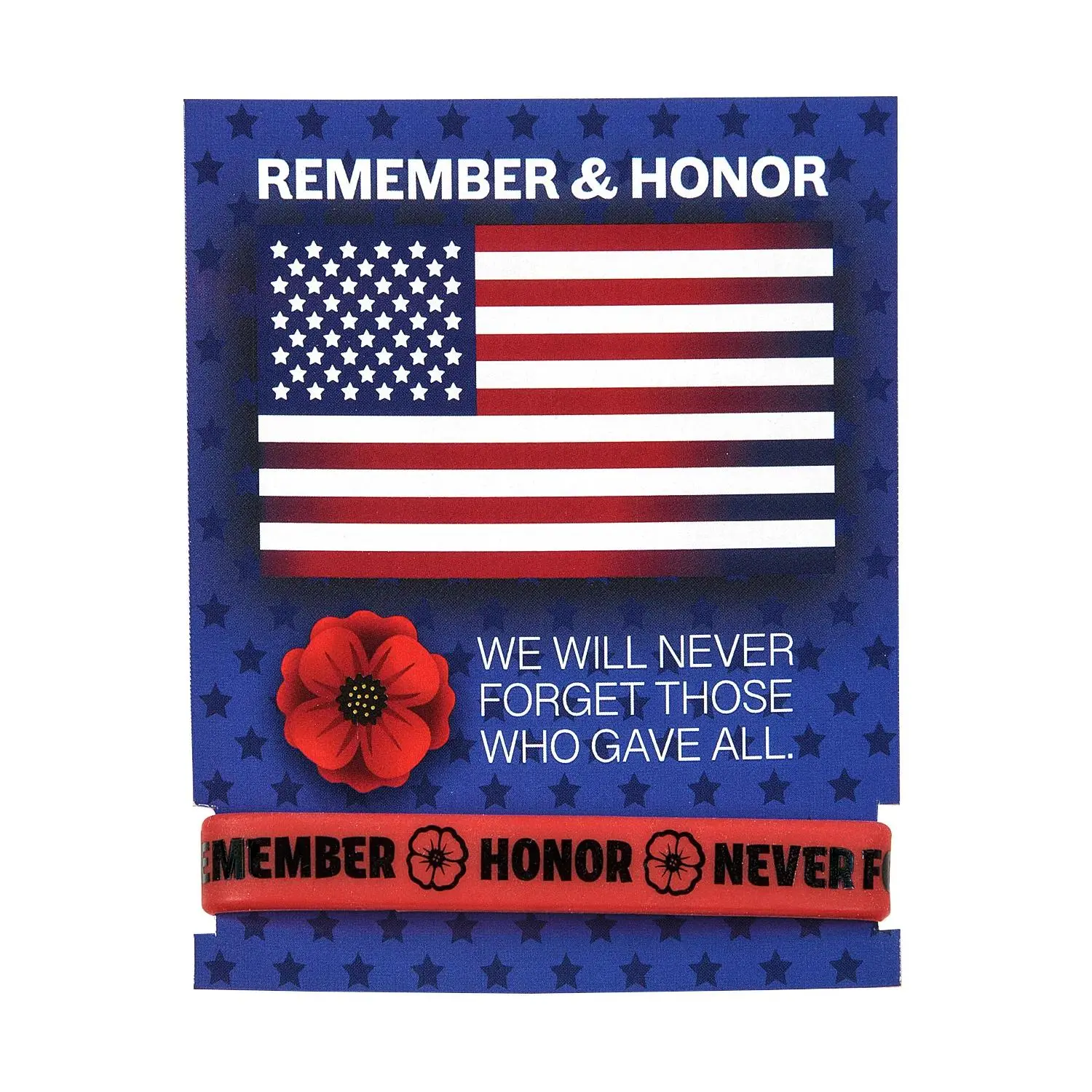 7 1/4" Patriotic Memorial Day Poppy Bracelets with Card for 24, Community Giveaways, Event Favors, Handouts