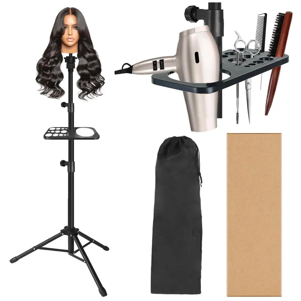 Wig Stand Tripod with Tray Adjustable Mannequin Head Stand Stainless Steel Wig Tripod Stand Wig Head Stand for Hairdressing Training 50 Inch
