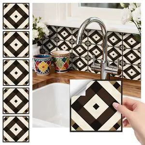 24PCS/Box FHZ Classic Art Tile Stickers | Retro American Country Brown-Black Plaid Geometric Pattern Matte PET Multi-Thickness | Peel & Stick Waterproof Oil-Proof Kitchen Backsplash Decor