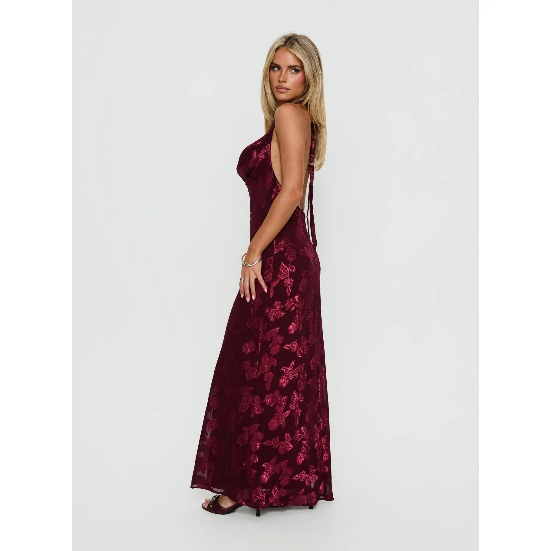 burgundy cowl neck maxi dress Cairo | Burgundy Cowl-Neck Maxi Dress With Gathered Detailing