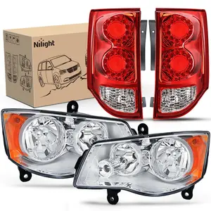 Nlilght Headlight and Taillight Assembly Combo Compatible with 2011 2012 2013 2014 2015 2016 2017 2018 2019 2020 Dodge Grand Caravan OE Style Chrome Housing Amber Reflector with Red Housing Tail Light