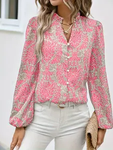 A ladies' fashionable geometric pattern V-neck lantern long sleeved blouse shirt Top with elegant temperament, suitable for spring and summer, suitable for indoor and outdoor wear, daily commuting