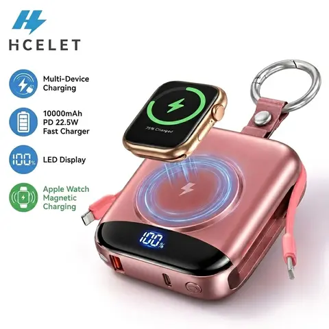 Hcelet 10000mAh Compact Portable Charger Battery Power Bank - Built-in USB-C & Lightning Cables, Magnetic Wireless Charging for Smart Watches, 22.5W Speed Charge for iPhone & Android Smartphone Device, Tech Emergency Gadget