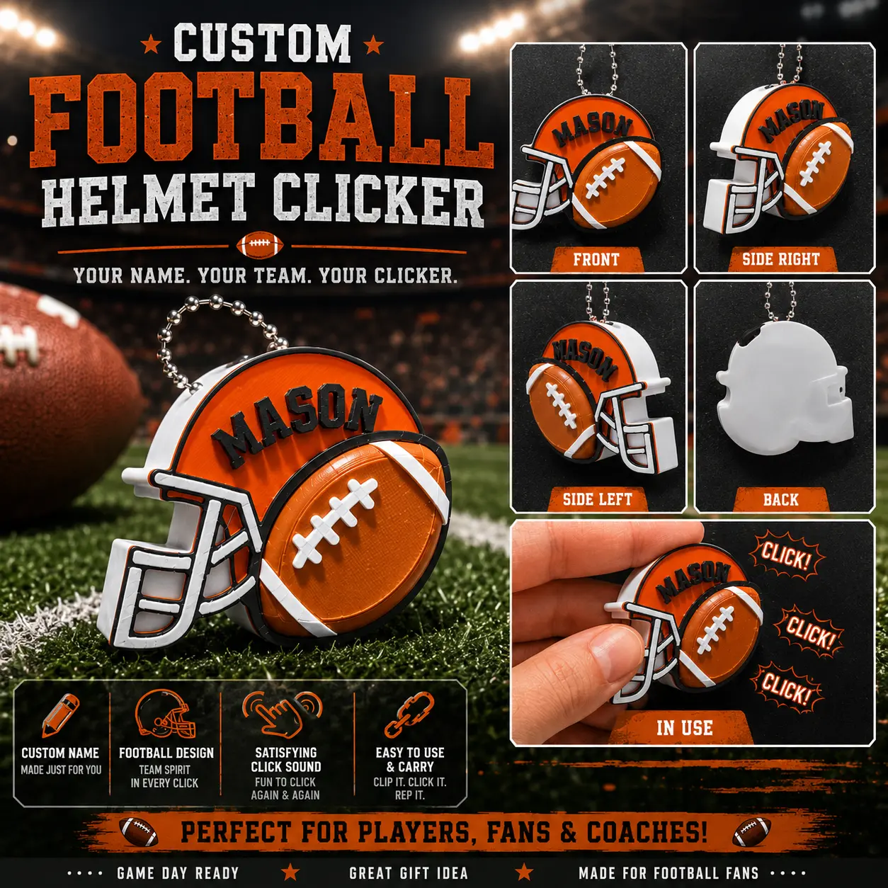 Personalized Football Helmet Clicker Keychain – Custom Football Coach Counter, Team Spirit Clicker, Personalized Football Gift
