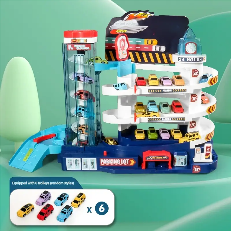 Electric Car Track Park Playset  Motorized Conveyor Route Switching Detachable Assemble Inertial Car Racing Track Multi Level Challenge Dinosaur Theme Parking Lot Toy For Kids