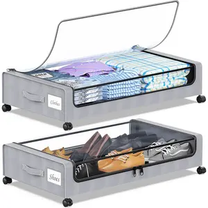 Under Bed Storage with Wheels, 2-Pack Under the Bed Storage Containers with Clear Lids & Label, Underbed Storage Bins, XXL 60L Rolling Metal Drawer for Clothes, Shoes, Toys, Books - Gray Boxes Organiser