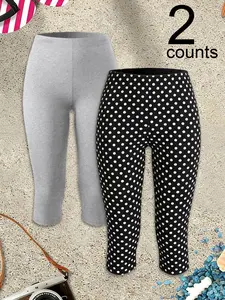 Women's 2-Piece Set Loose Fit Straight Leg Five-Quarter Pants, Solid Color Polka Dot, Summer for Outdoor Activities