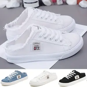 Round Toe Breathable Women's Solid Canvas Shoes Slippers Lace Up Slip On, All-match Footwear Girl Bridal