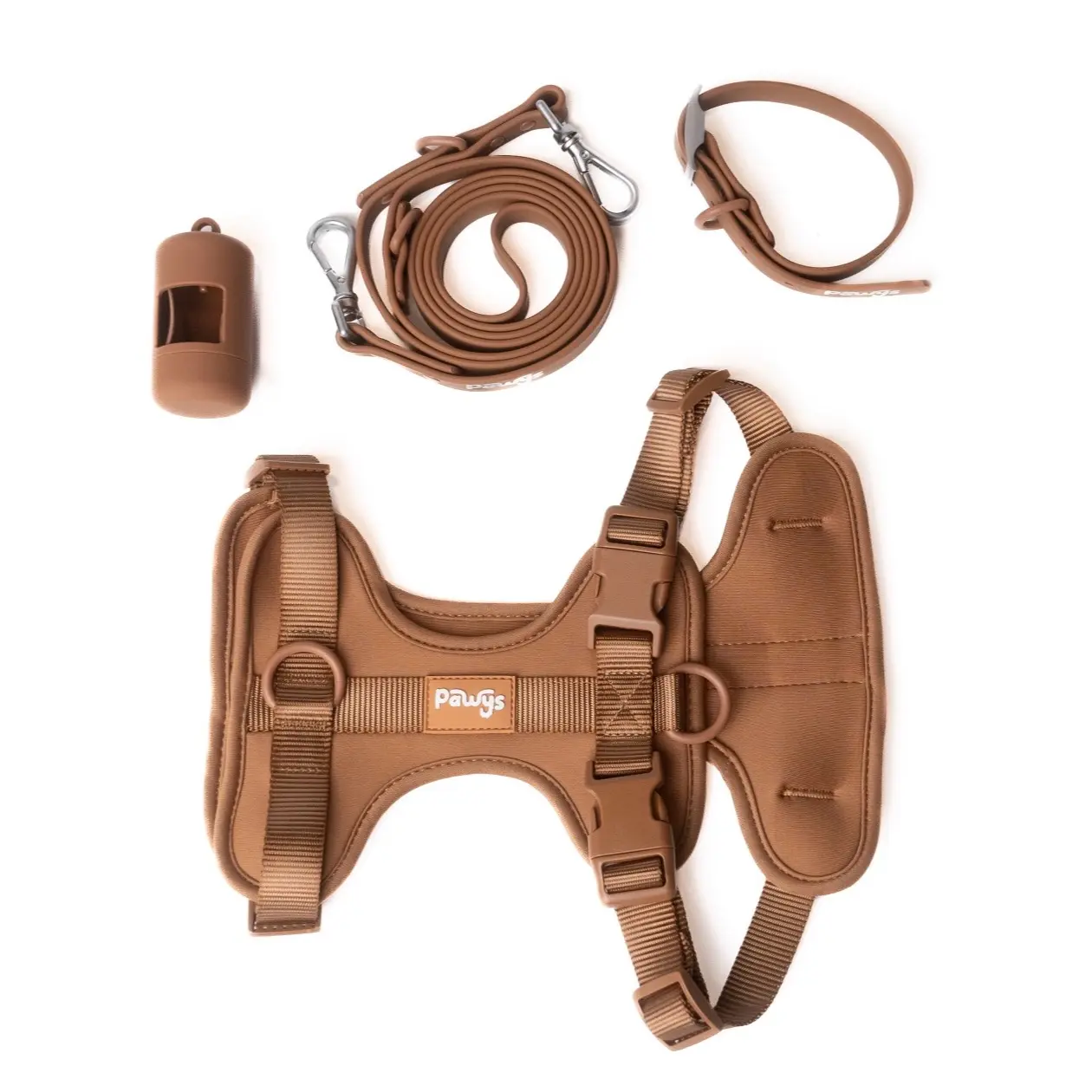 PAWYS Hazelnut Walk Kit Set - Comfy + Stylish Dog Walking Experience with Space Cotton Harness, Leash, Collar, and Poop Bag Dispenser