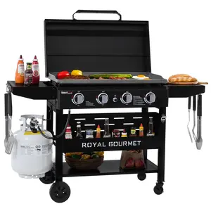 Royal Gourmet 4-Burner Gas Griddle with Hood, Griddle with Collapsible Side Shelves, 52,000 BTU, 582 Sq. In. Cooking Area, Electronic Ignition, Swivel Wheels with Brakes, Perfect for Outdoor Cooking, Black