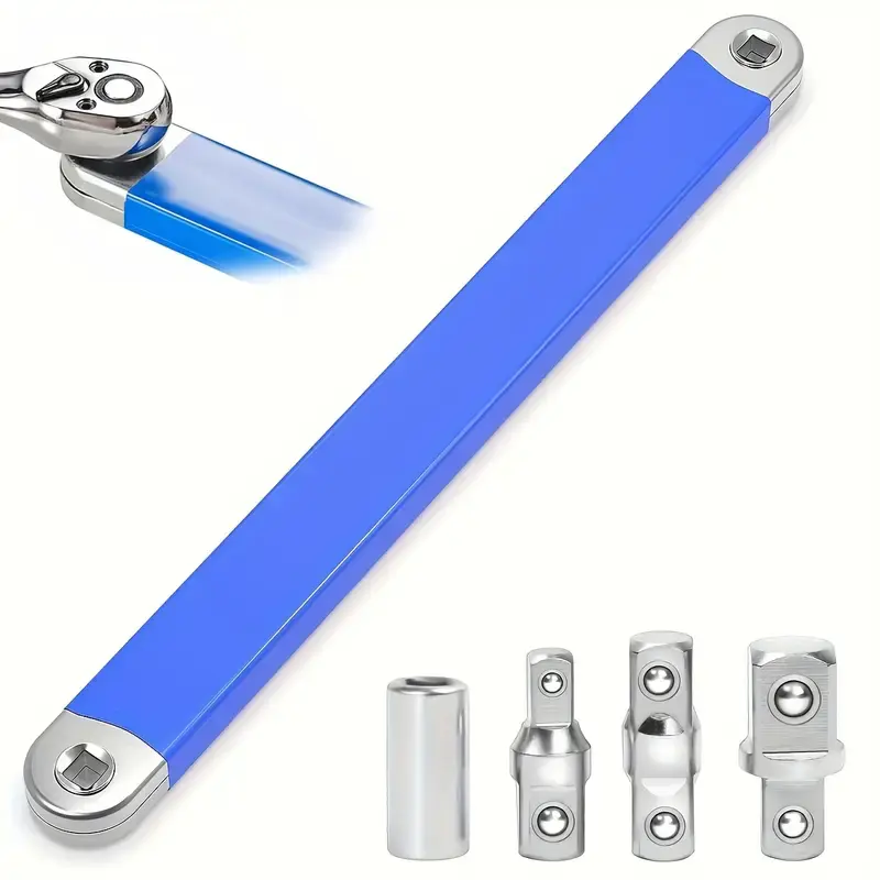 Blue Offset Extension Wrench Set - 0.63in Thick High Carbon Steel Tool, Chain-Driven Mechanism, 0 Swing Arc, 1/4", 3/8", 1/2" Universal Square Drives, 4 Adapters, 15.4in Length, for Tight Spaces, Automotive Repair, Four Adapters