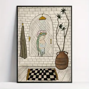 Charming Frog Bath Canvas Art Print - Unframed Retro Wall Decor for Living Room, Bedroom, and Home Office