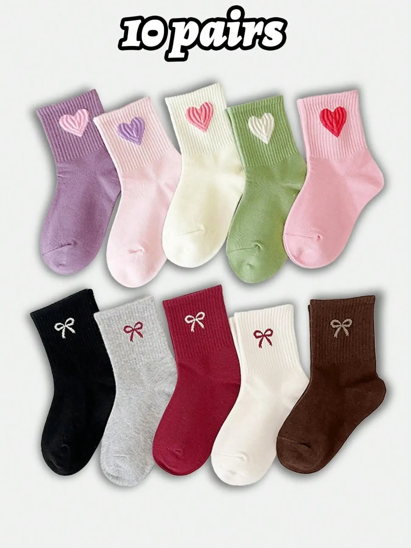 10 Pairs Girls' Crew Socks, Heart/bow Pattern, Casual Fitted Design, Breathable & Comfortable, Spring/fall/winter Wear, Comfy Breathable Socks