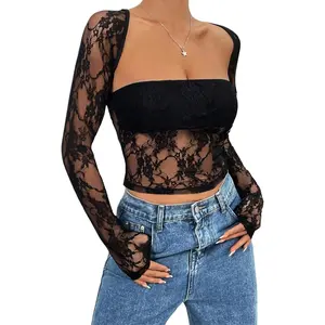 Going Out Tops for  Long Sleeve 2 Piece Square Neck Tank Top Lace Mesh Sheer Crop Tops Strapless Shirts for  Low Cut Tube Tops and Bolero Set (Black, XX-Large) mms Social Justice Salt Flavor women