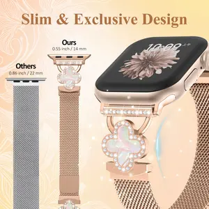Suitable for Apple Watch, metal colored diamond spliced four-leaf clover Milanese strap
