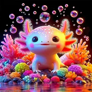Cute Colorful Axolotl with Coral Reef & Bubbles 5D Full Drill Diamond Painting Kit, Crystal Rhinestone Embroidery, Whimsical Underwater Wall Decor, DIY Craft for Home Living Room, Art & Craft Enthusiasts, Embroidery Design