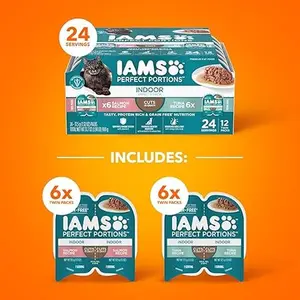 Iams Perfect Portions Indoor Adult Grain Free Wet Cat Food Pate Variety Pack, Salmon and Tuna Recipes, 2.6 oz. Easy Peel Twin-Pack Trays (12 Count, 24 Servings)