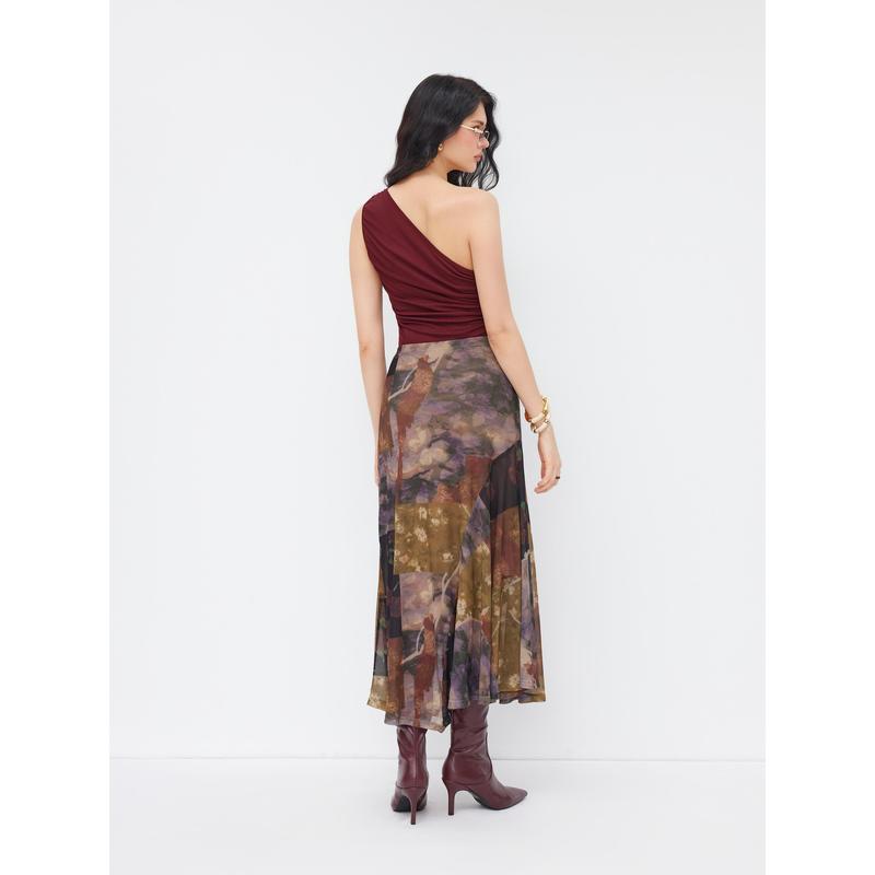 Cider Mesh Mid Rise Abstract Graphic Floral Asymmetrical Hem Maxi Skirt