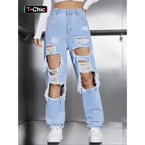 Women's High Waist Ripped Light Wash Jeans, Fashion Casual Style Distressed Straight Leg Denim Pants, Destroyed Hole Jeans, Lady Bottoms for Daily Wear Streetwear